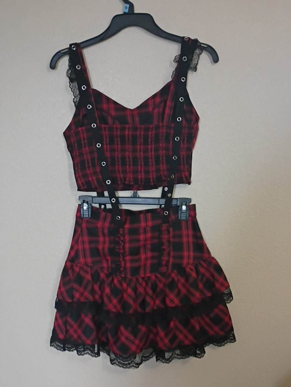 Red & Black Plaid Lace Trim Two-Piece Set Shirt And Skirt - Picture 2 of 7
